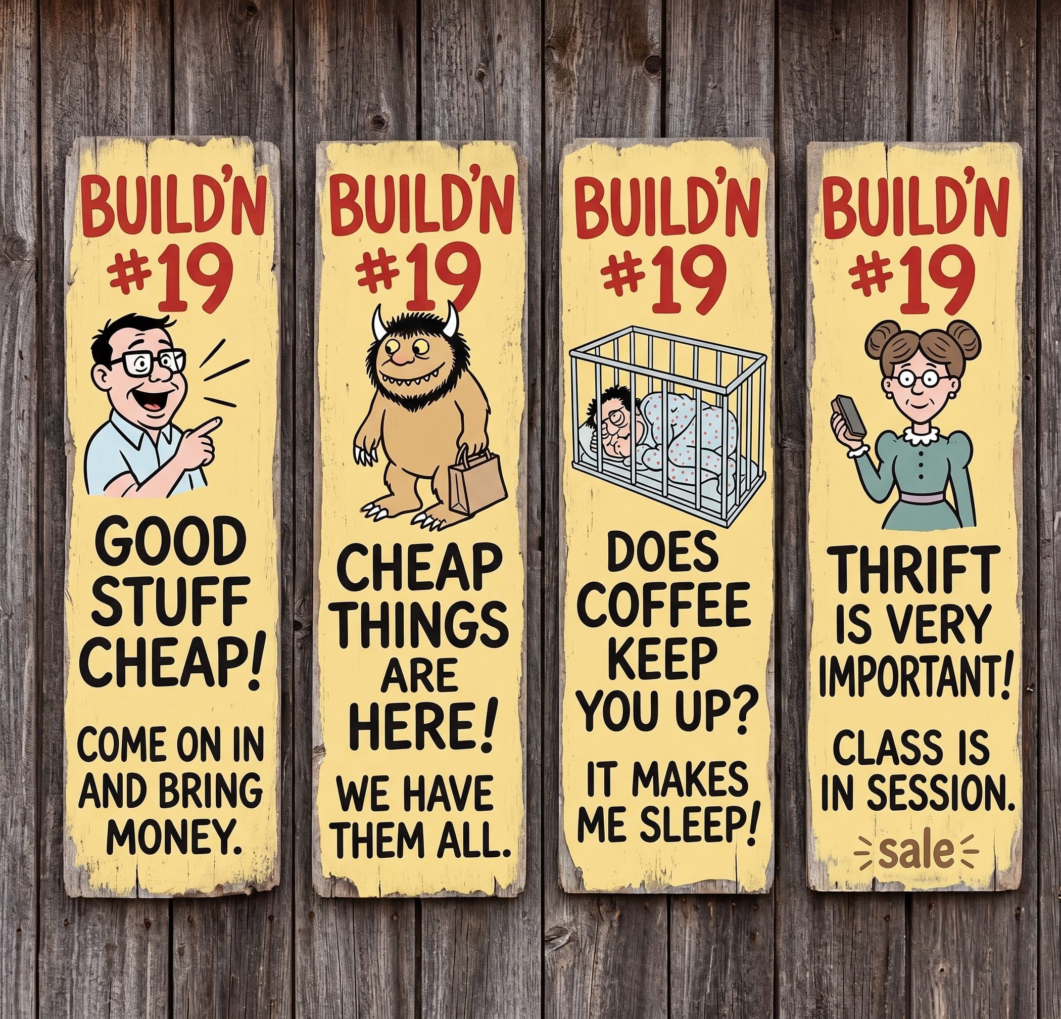 Four weathered wooden signs on a barn-board wall, hand-lettered in red and black