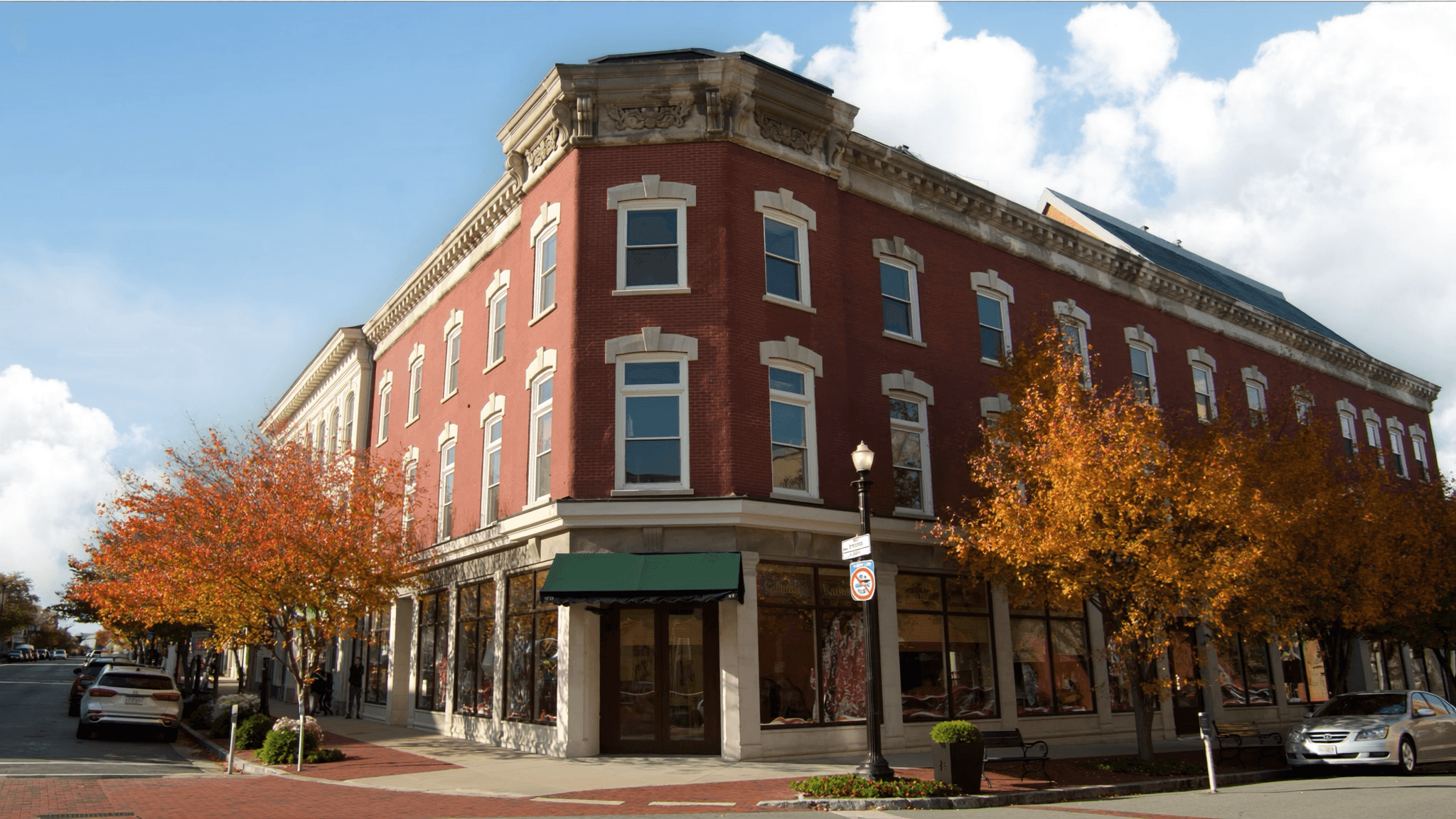Mixed-use corner building in a Massachusetts town center